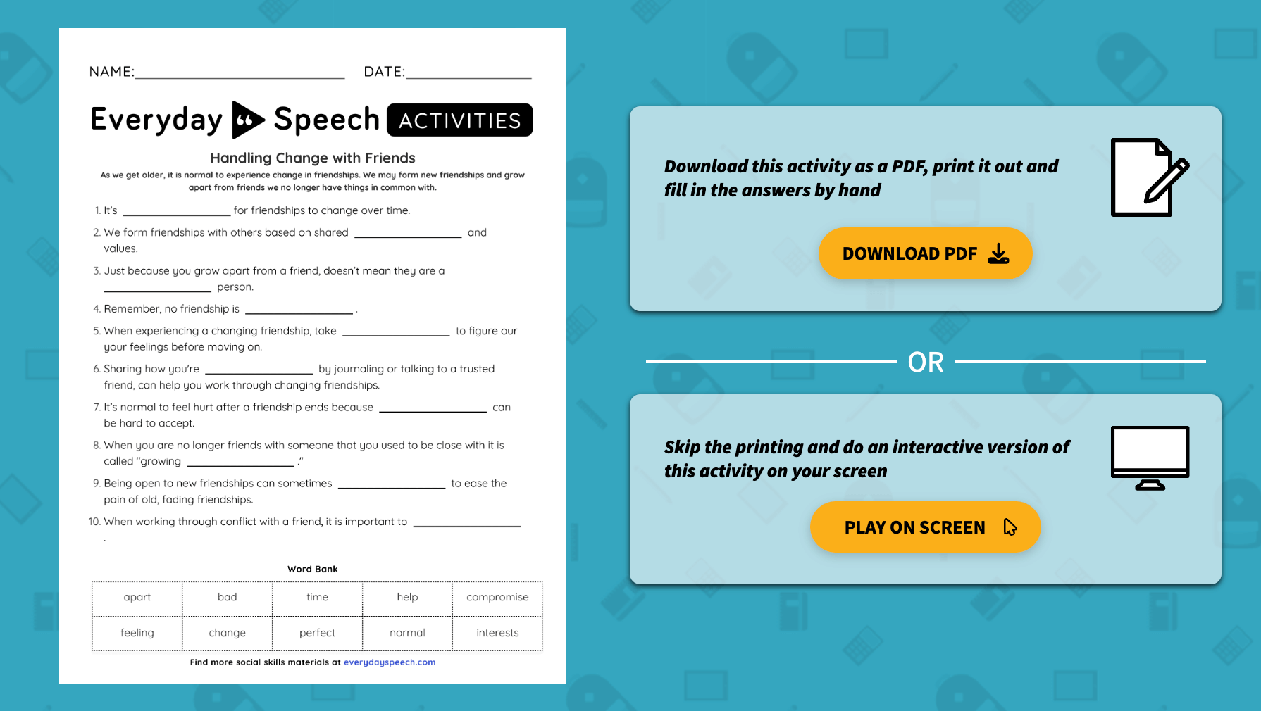 Everyday Speech - Middle school friendship. Interactive Worksheet: Handling Change with Friends. 