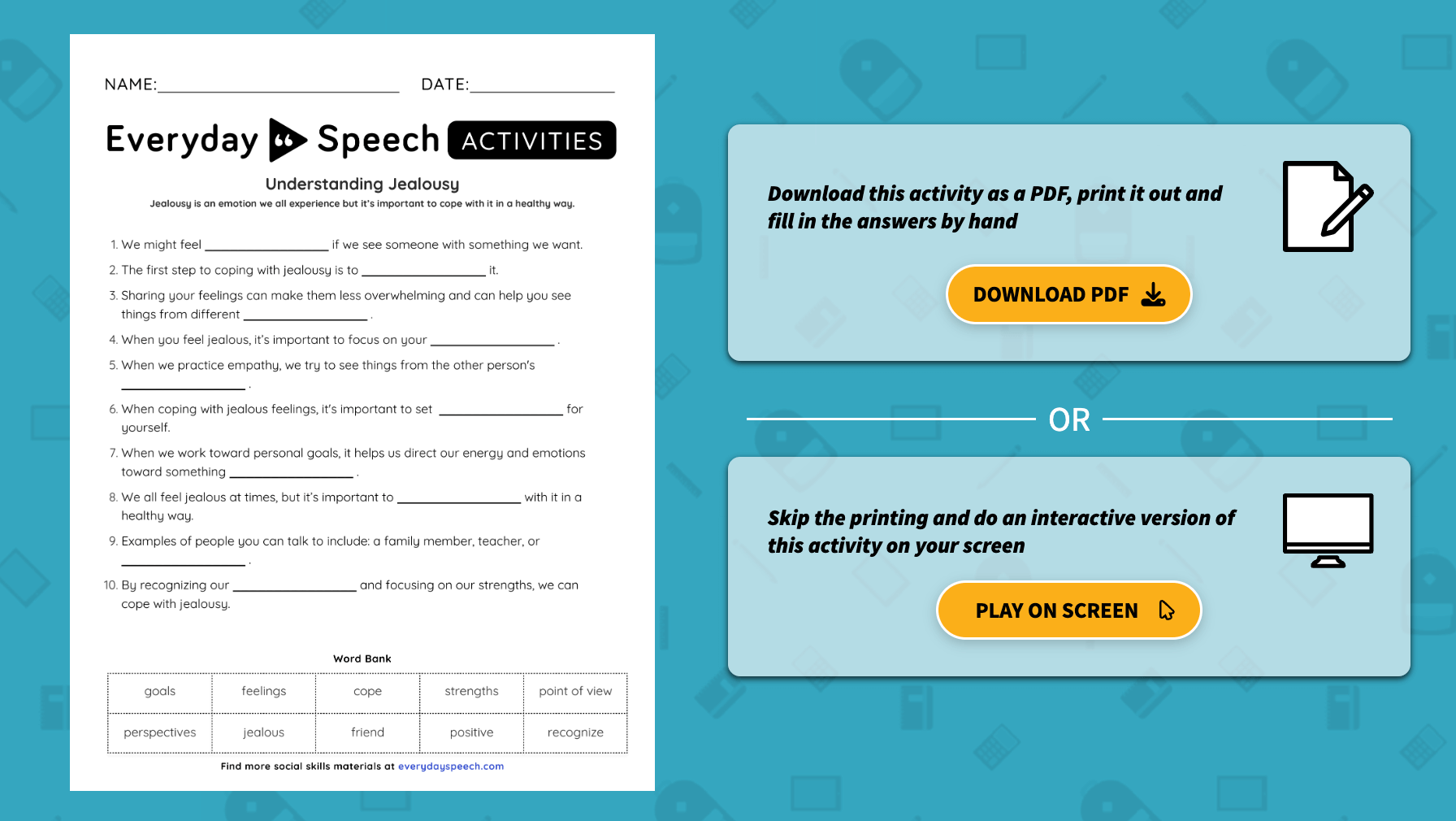 Everyday Speech Interactive Activity Understanding Jealousy preview. The activity is available as PDF and can also be played on screen.